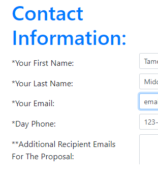 Image of a 'Request For Proposal' form, partially filled out. Clicking on this image will lead you to the 'Request For Proposal' page at plangen.com/rfp/PG_rfp.aspx where you can fill out your information to request a proposal from PlanGeneration.com. The image contains the text: 'Contact Information', 'Your First Name', 'Your Last Name', 'Your Email', 'Day Phone', and 'Additional Recipient Emails For The Proposal', and next to these text lines are text fields that have been partially filled out as an example of what you would see if you clicked on the image and went to the RFP page.